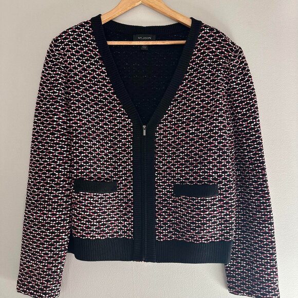 St. John Knits Regatta Caviar Tweed Knit Cardigan Jacket Wool Blend - XL - Picture 2 of 7